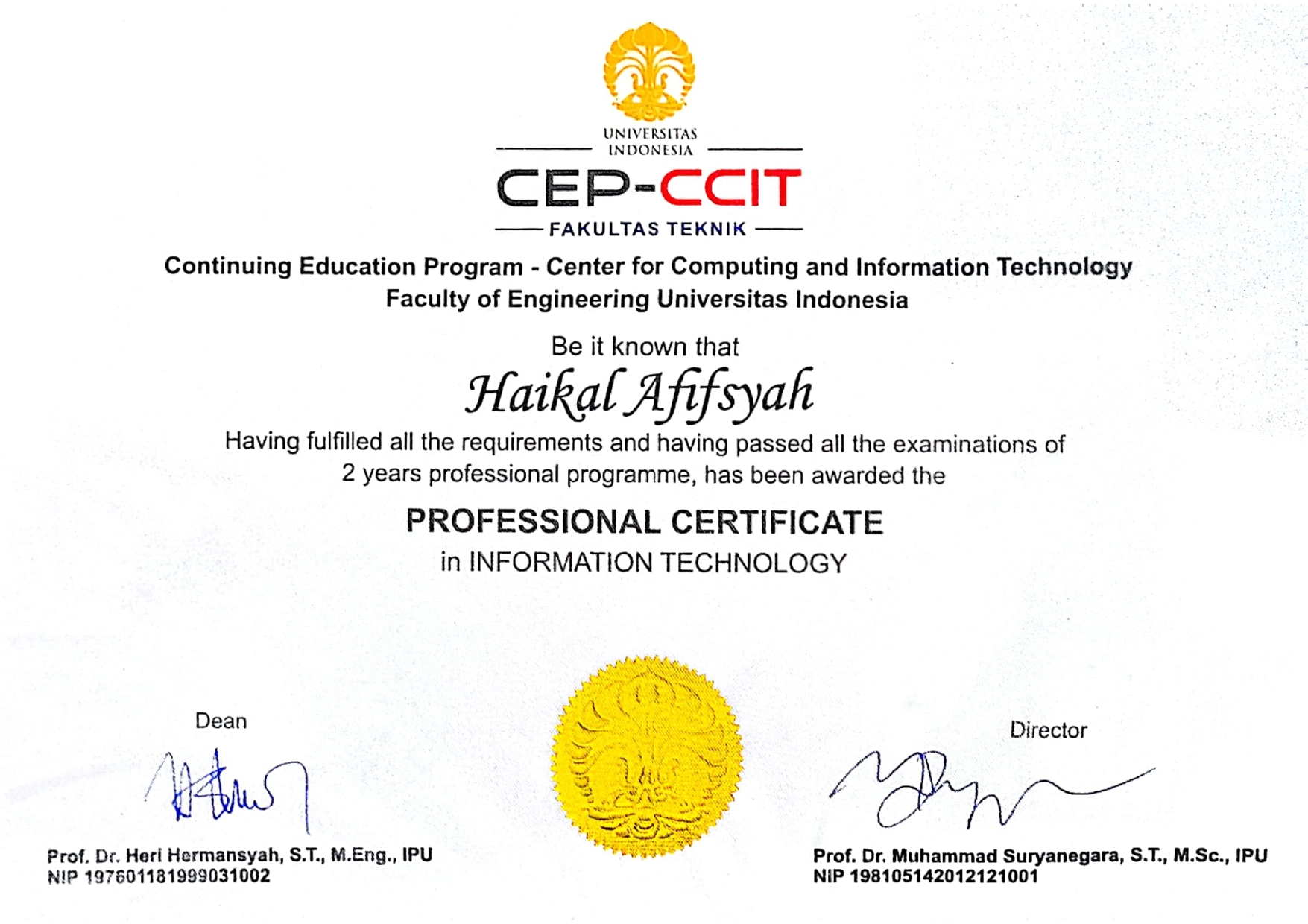 Certificate for Professional Certificate in IT